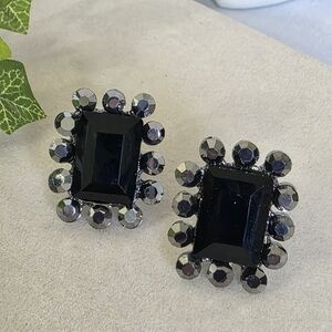 Silver and Black Rectangle Glam Clip On Earrings